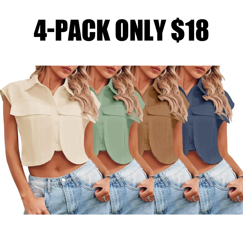 Womens Button Down Shirts Cute Summer Cap Sleeve Crop Tops