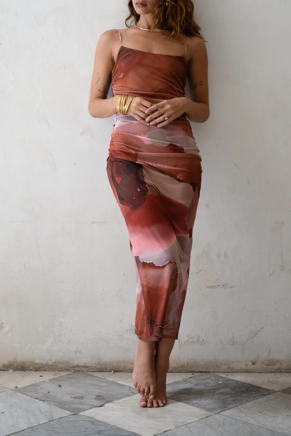 Rust Abstract Mesh Midi Dress