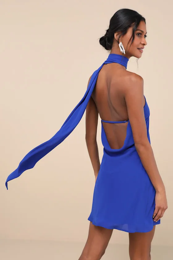 Isloda Blue One-Shoulder Backless Sash Mini Dress