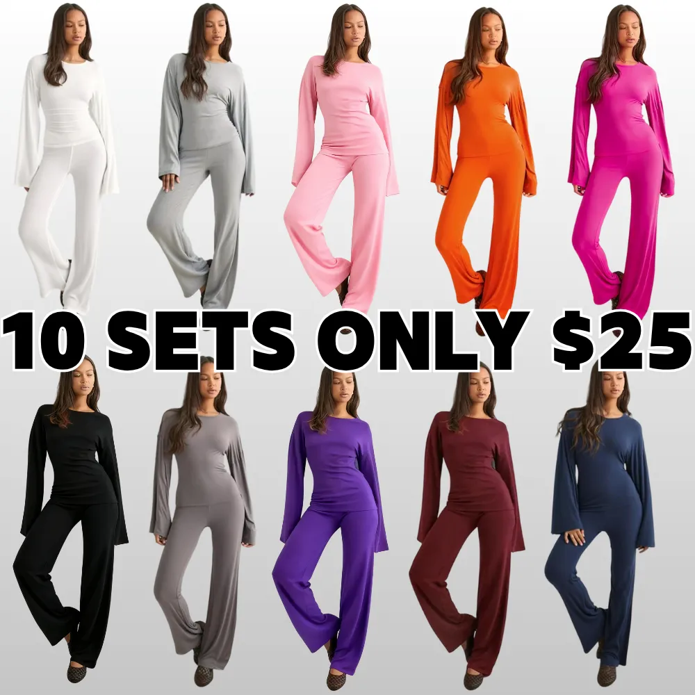 Women's Fall New Round Neck Flare Long Sleeve Top & Elastic Waist Straight Leg Pants Set