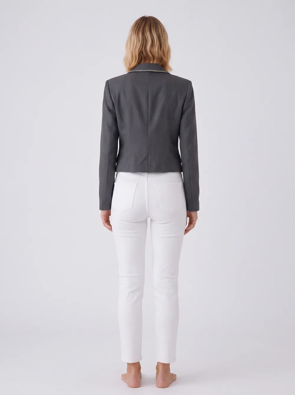 Women's Grey Double-Breasted Chain Trim Cropped Blazer Jacket