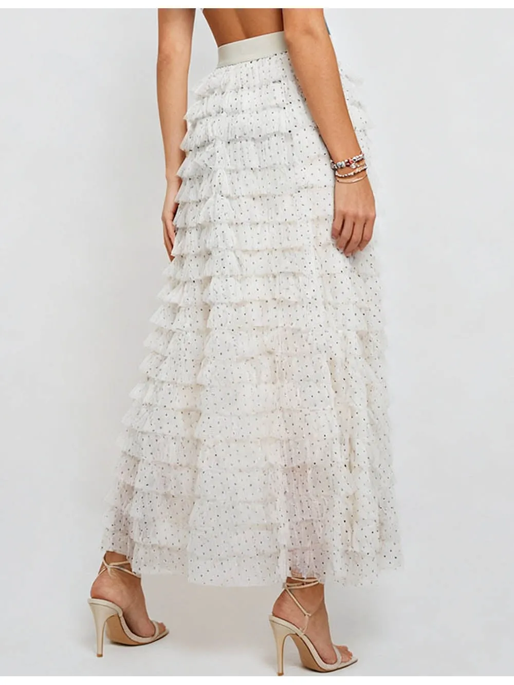 Polka Dot Tiered Ruffle Elastic Waist Tulle Midi Skirt