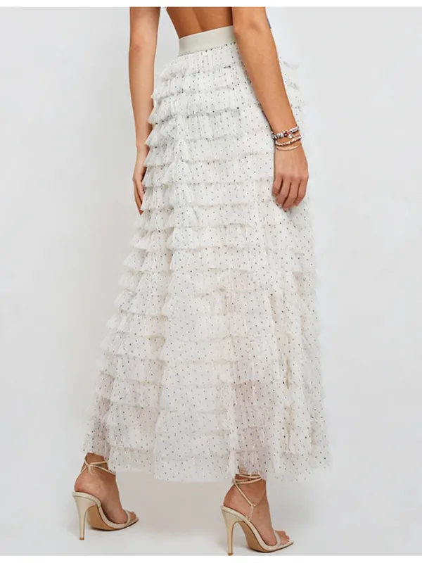 Polka Dot Tiered Ruffle Elastic Waist Tulle Midi Skirt