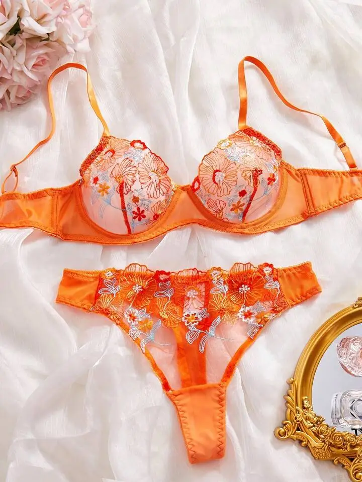 Modern Floral Embroidered Sheer Lingerie Set
