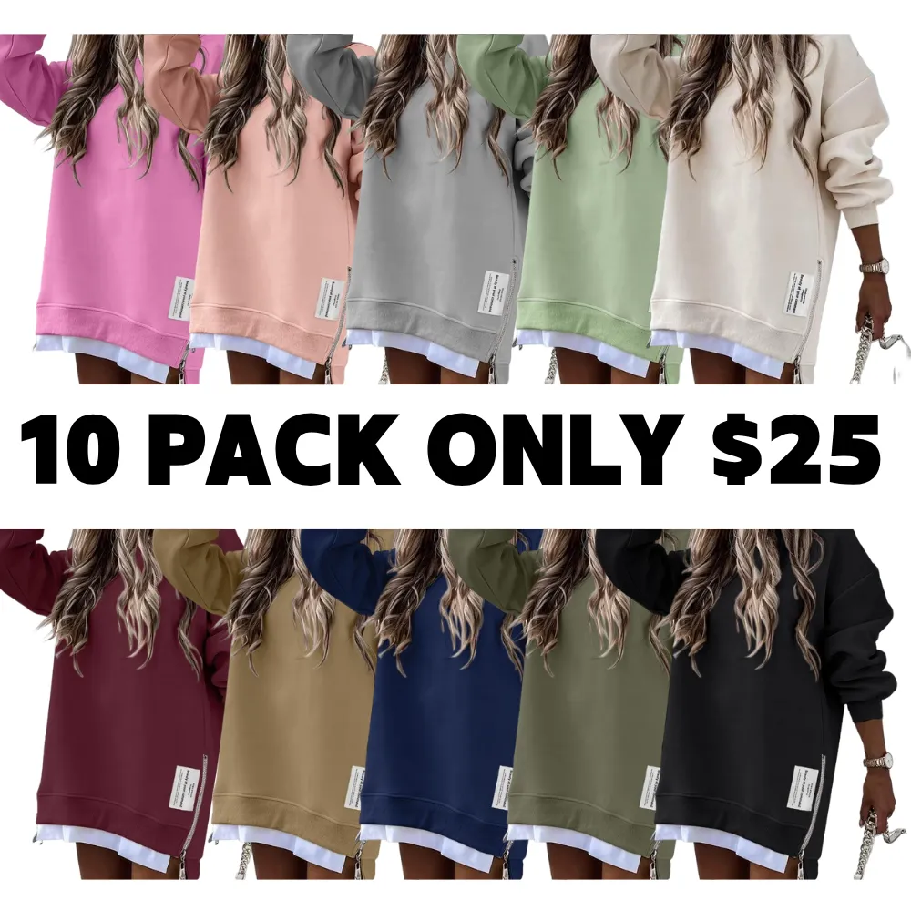 Womens Long Sleeve Pullover Sweatshirt Zipper Slit Casual Dress