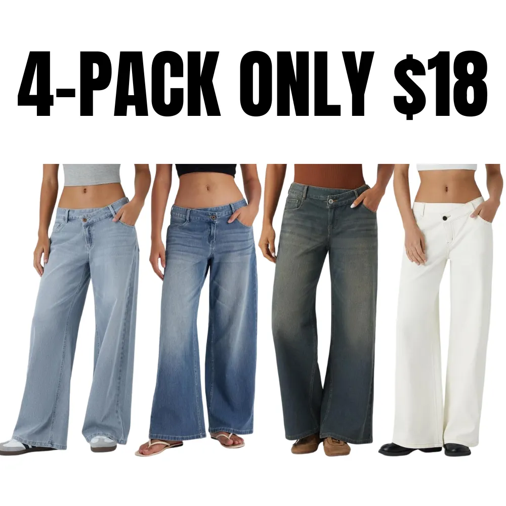 Asymmetric Low Rise Zipper Pockets Baggy Wide Leg Washed Casual Jeans