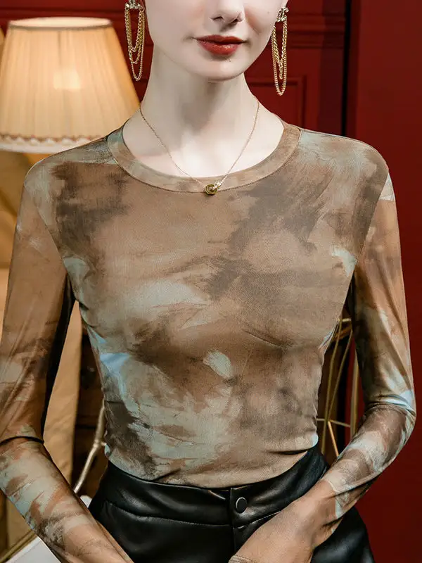 Long Sleeve Curve Fit Panel Detail Tie Dyed Round Neck T-Shirt