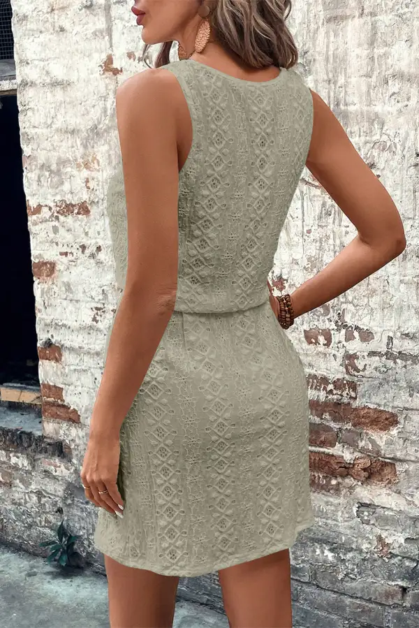 Eyelet Square Neck Drawstring Mini Dress