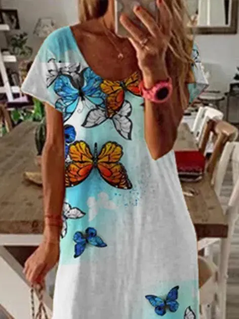 Butterfly Print Crew Neck Holiday Slit Dress