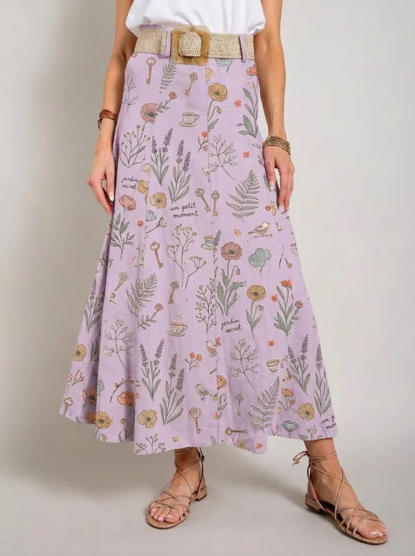 Women's Botanical Garden Key Coffee Printed Midi Skirt