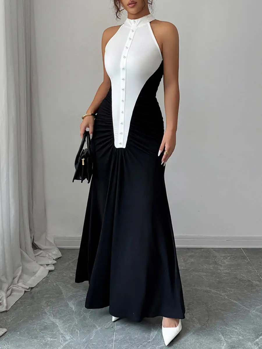 High Pleated Buttoned Sleeveless Neck Maxi Dress