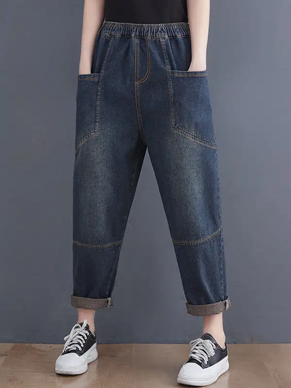 Artistic Retro Relaxed Fit Elastic Waist Jeans