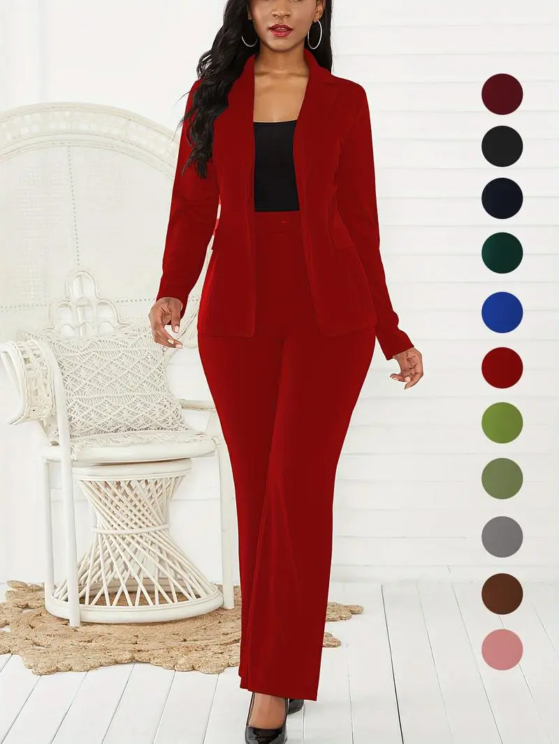 Women's Basic Plain Button Lapel Neck Blazer & Suit Pants