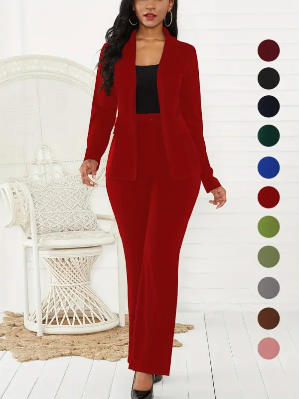 Women's Basic Plain Button Lapel Neck Blazer & Suit Pants