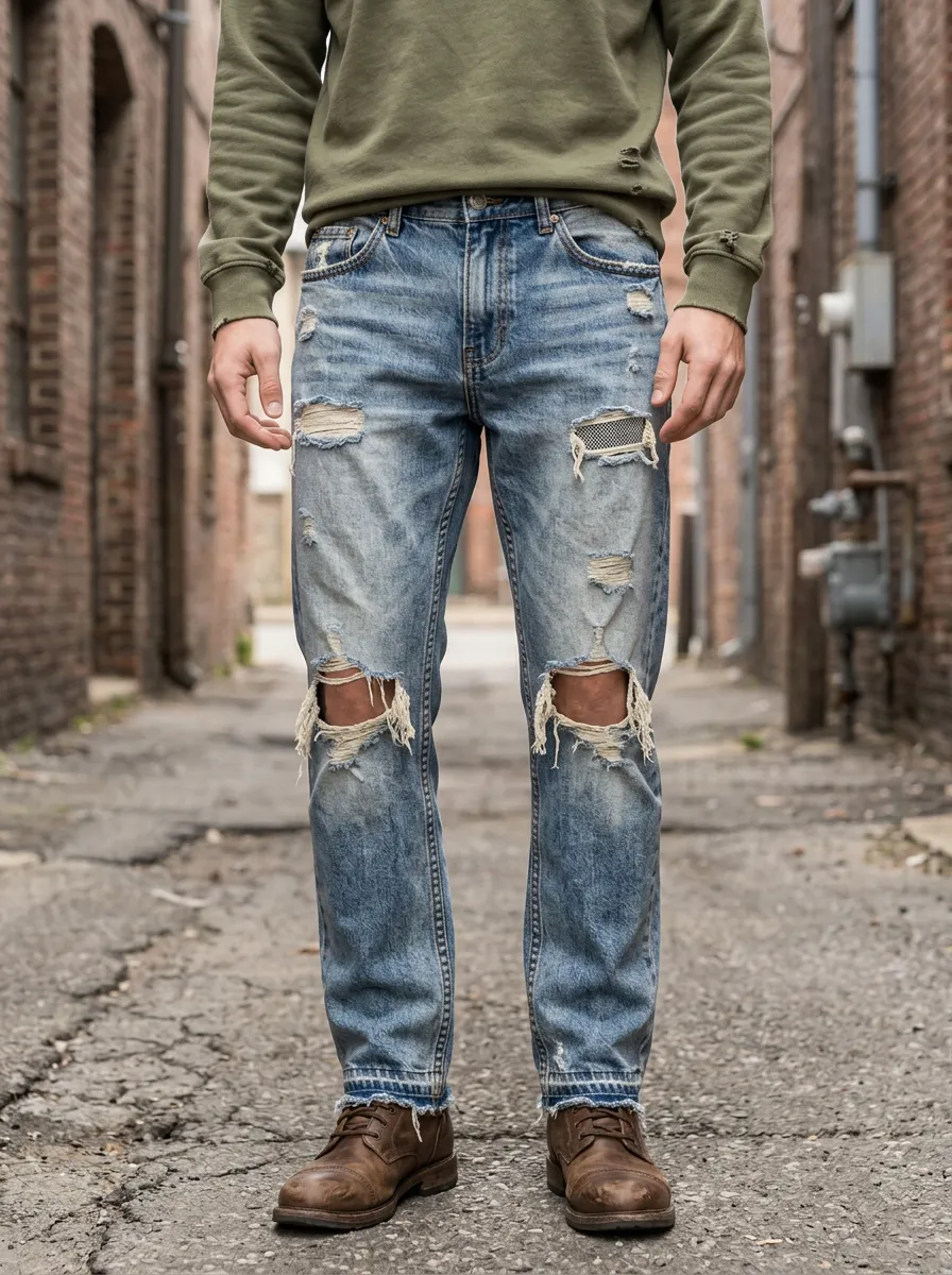 Men's Wash Raw Hem Ripped Jeans
