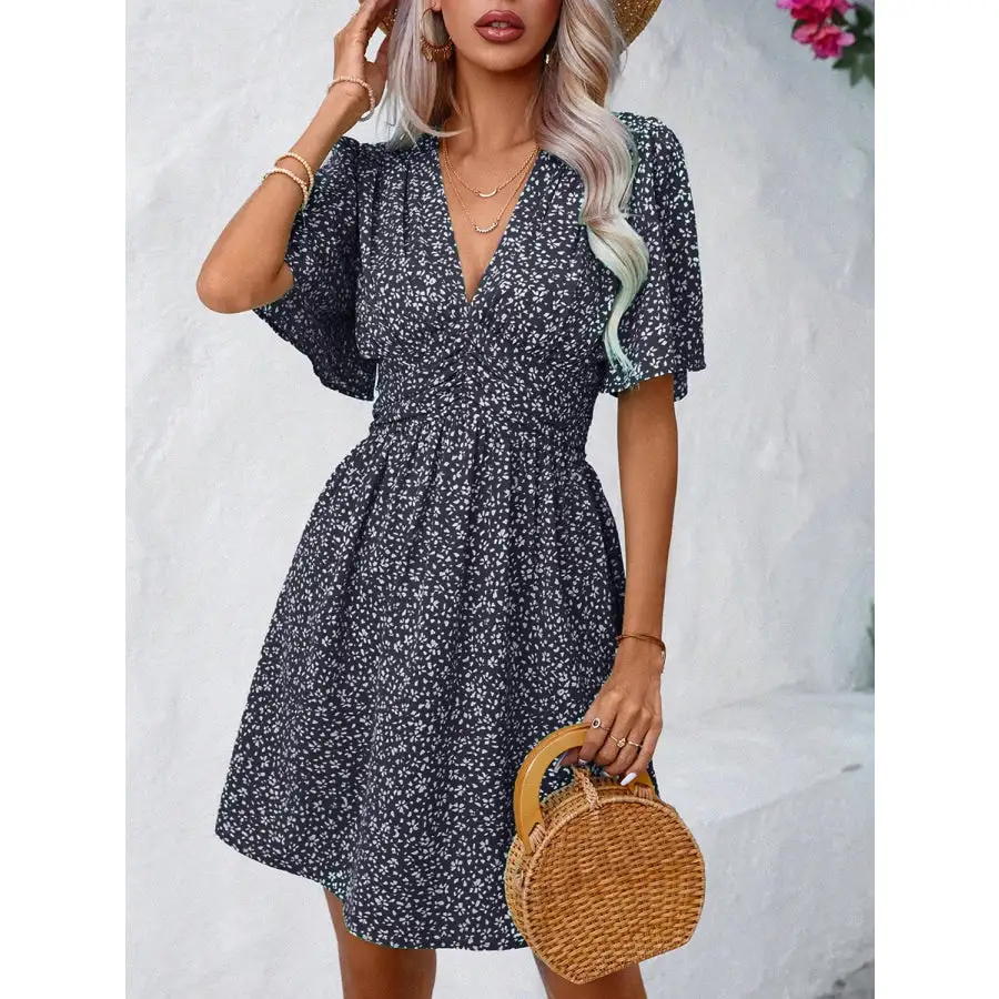 Printed V-neck Half Sleeve Mini Dress