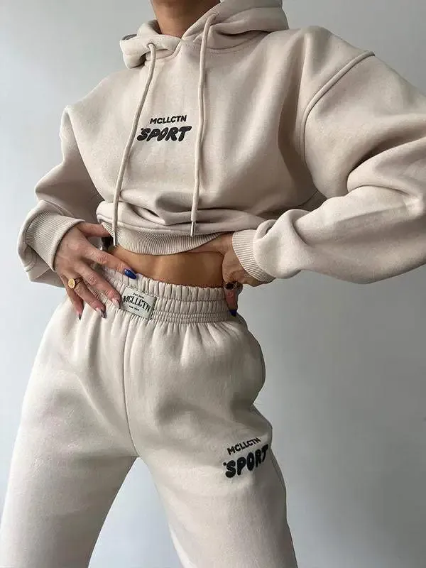 Casual fleece long-sleeved printed hoodie pant suit