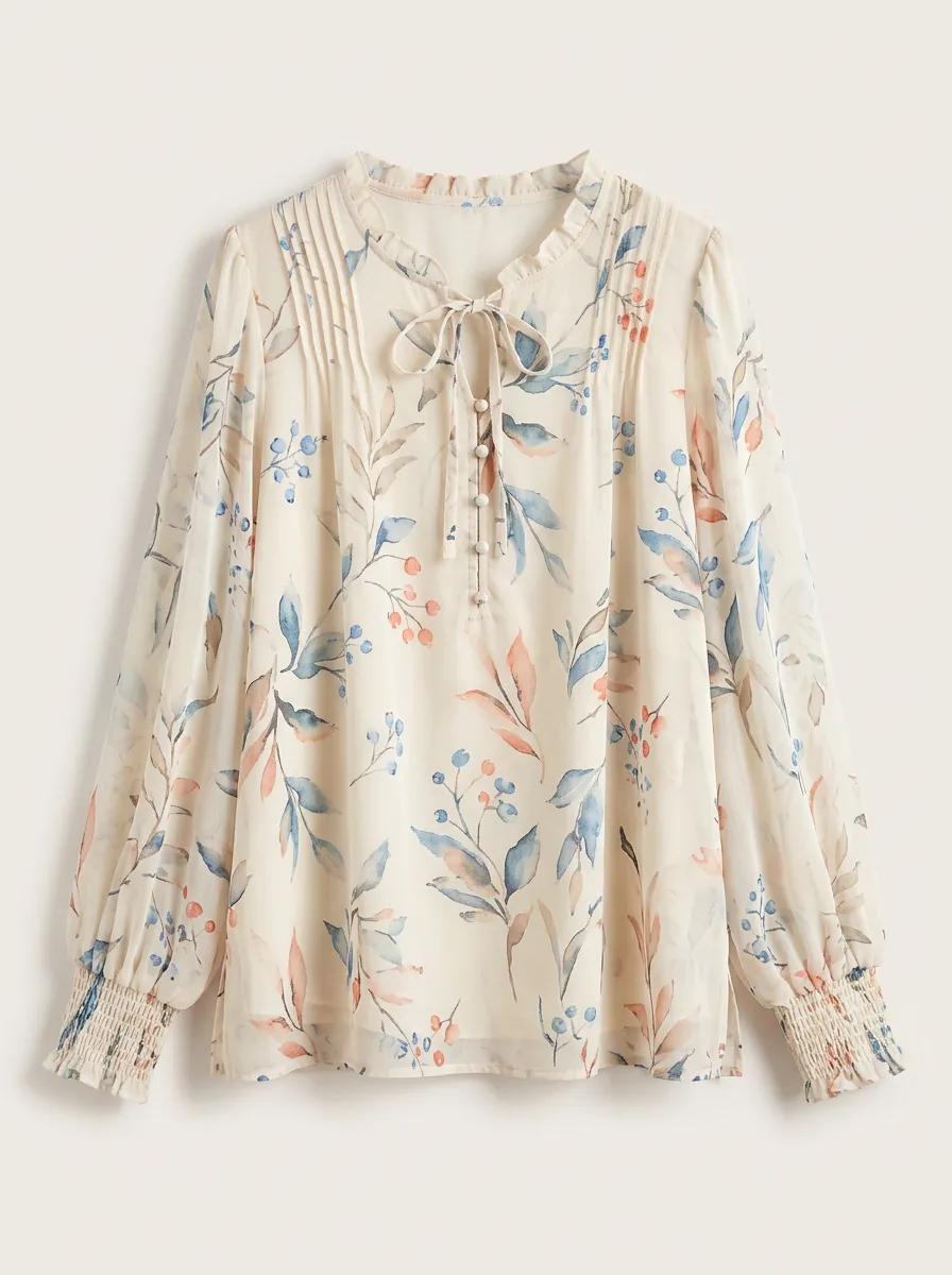 Women's Floral Botanical Watercolor Printed Chiffon Blouse