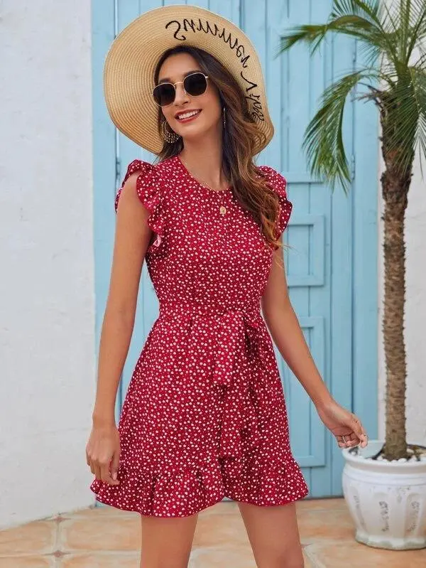 Women Ruffle Trim Allover Heart Belted Dress
