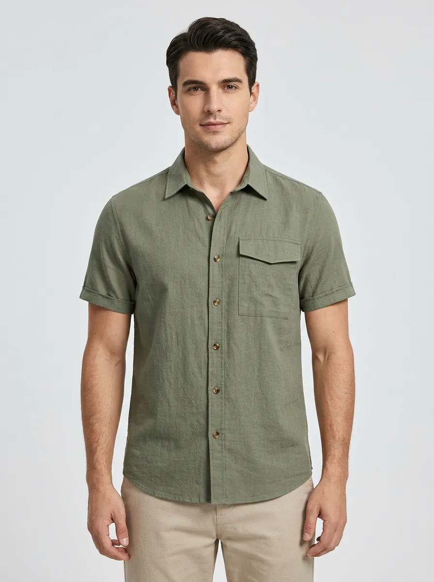 Men's Casual Olive Green Linen Blend Short Sleeve Button Down Shirt