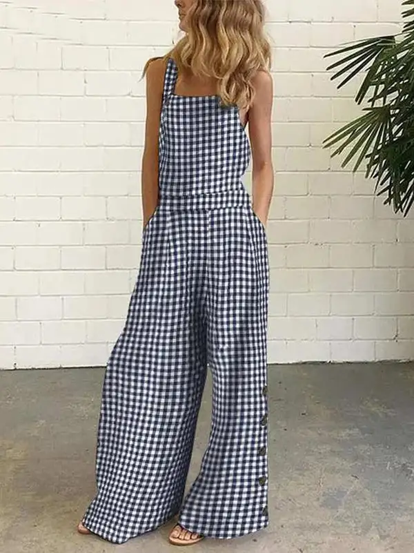 Contemporary Loose Sleeveless Buttoned Plaid Pockets Collarless Overalls