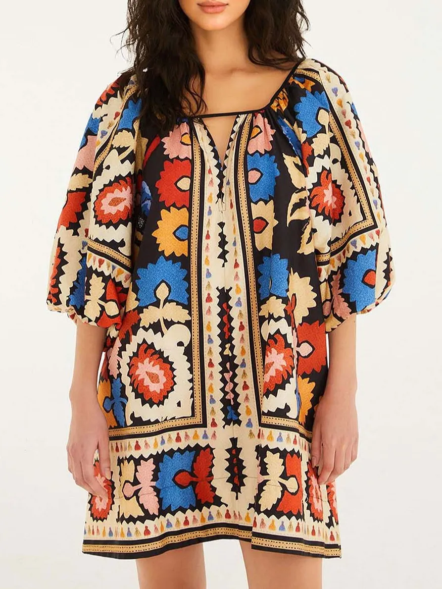 Bohemian Style Ethnic Print Short Mini Dress