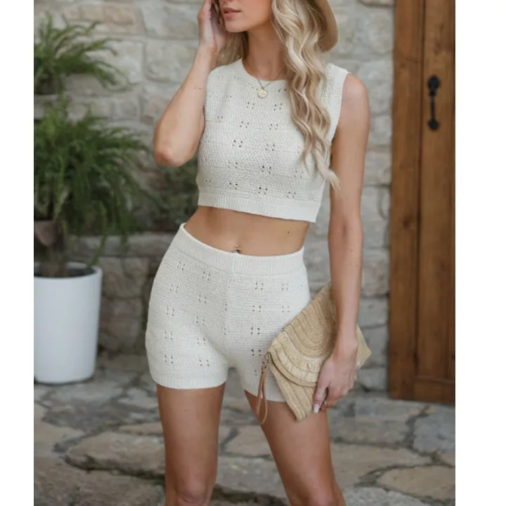 Eyelet Round Neck Tank and Shorts Sweater Set