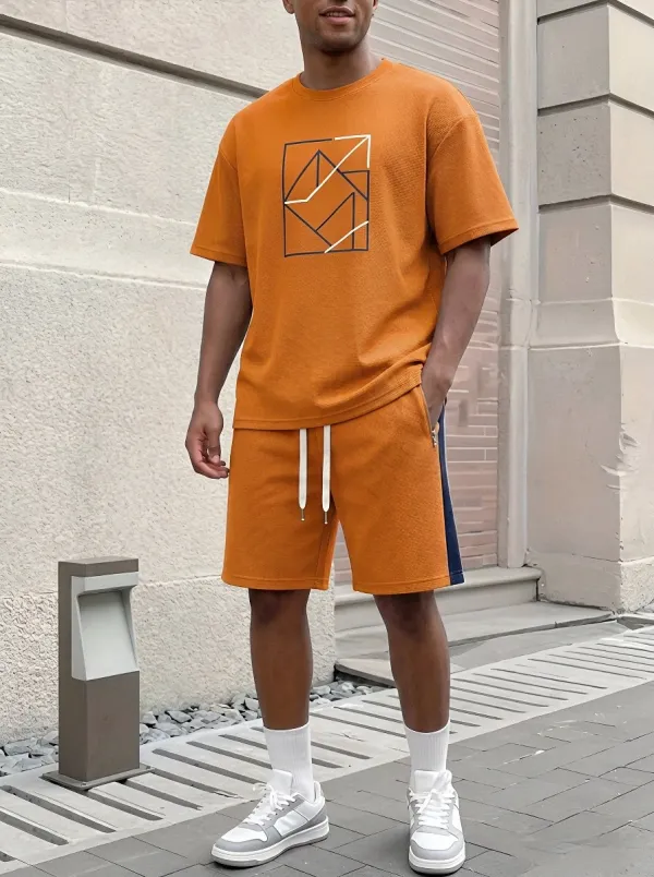 Classic Waffle Texture Geometric Pattern Look Men's T-Shirt And Shorts Set
