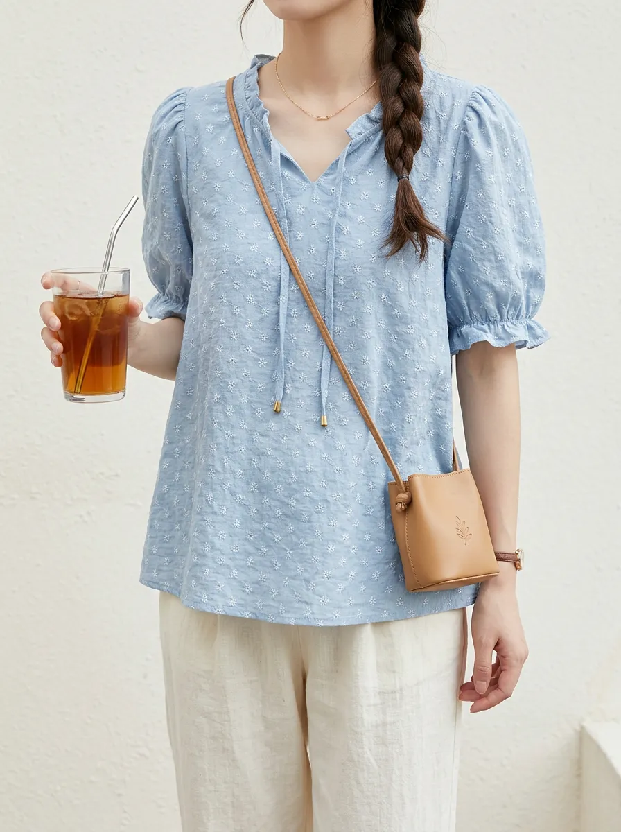 Embroidered V-Neck Women's Puff-Sleeve Blouse