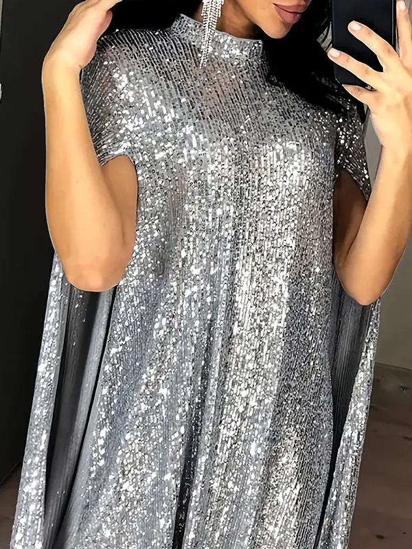 Cape Long Sleeve Sequined Shiny Split Joint Mock Neck Mini Dress