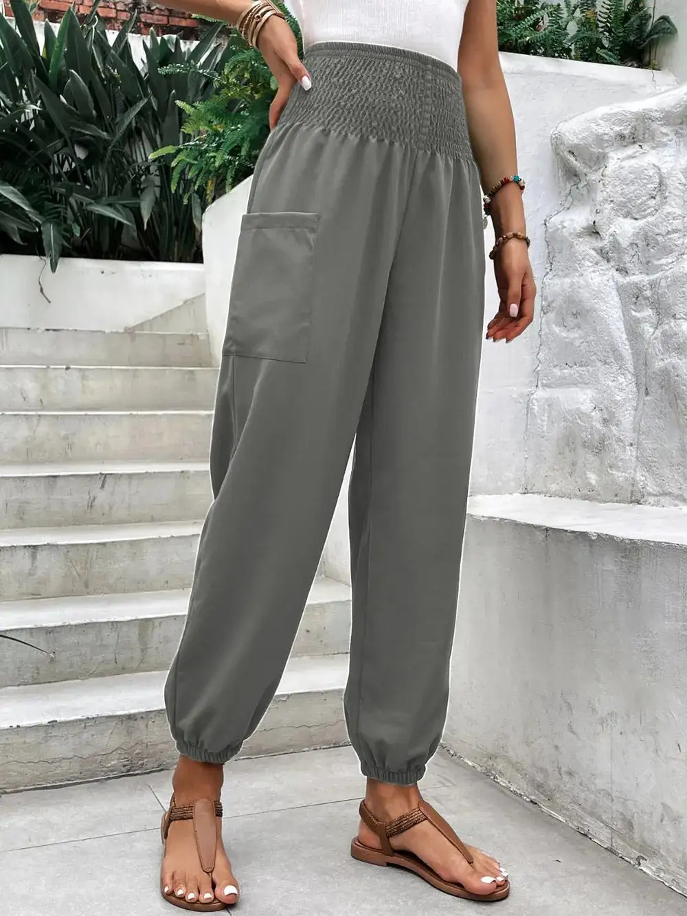 Relaxed Smocked High Waist Pants
