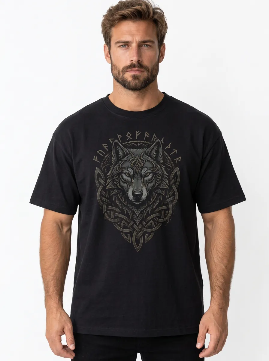 Men's Wolf Crew-Neck Short-Sleeve Chest-Sleeve Knotwork Runic-Motif T-Shirt