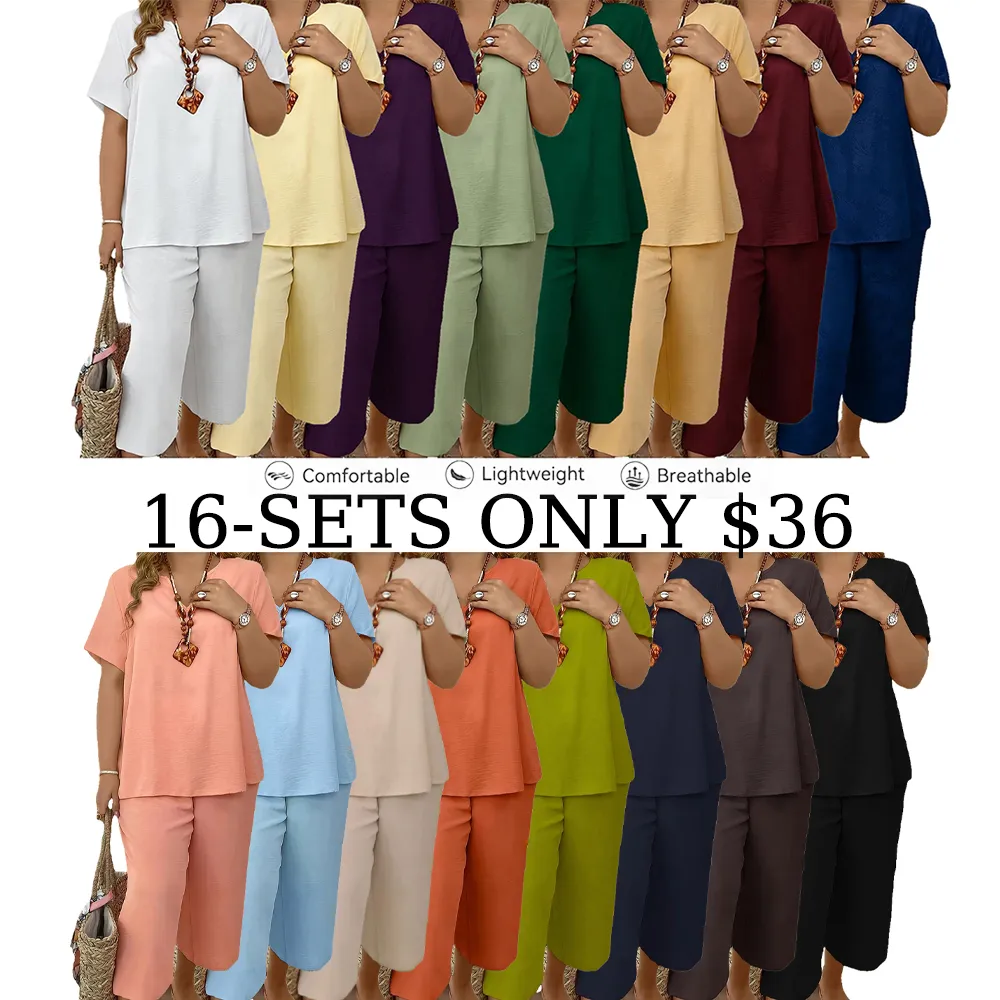 Women's Short Sleeve Fashion Top & Casual Wide Leg Pants Set