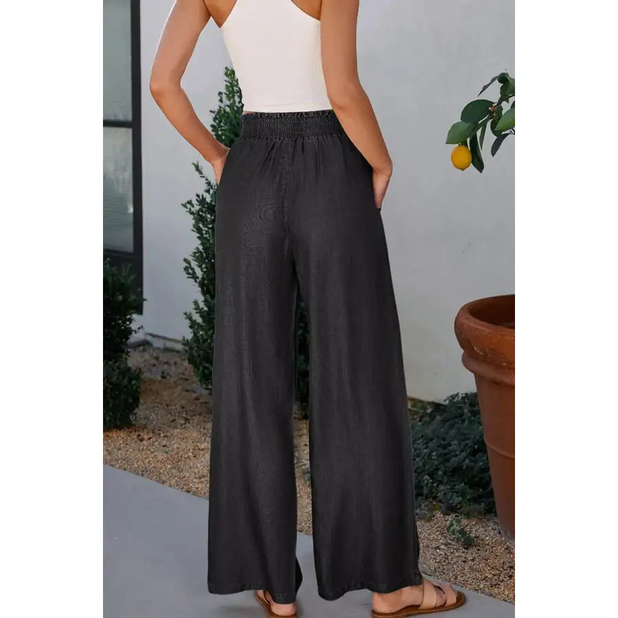 Side Pockets Frilled Smocked High Waist Wide Leg Pants