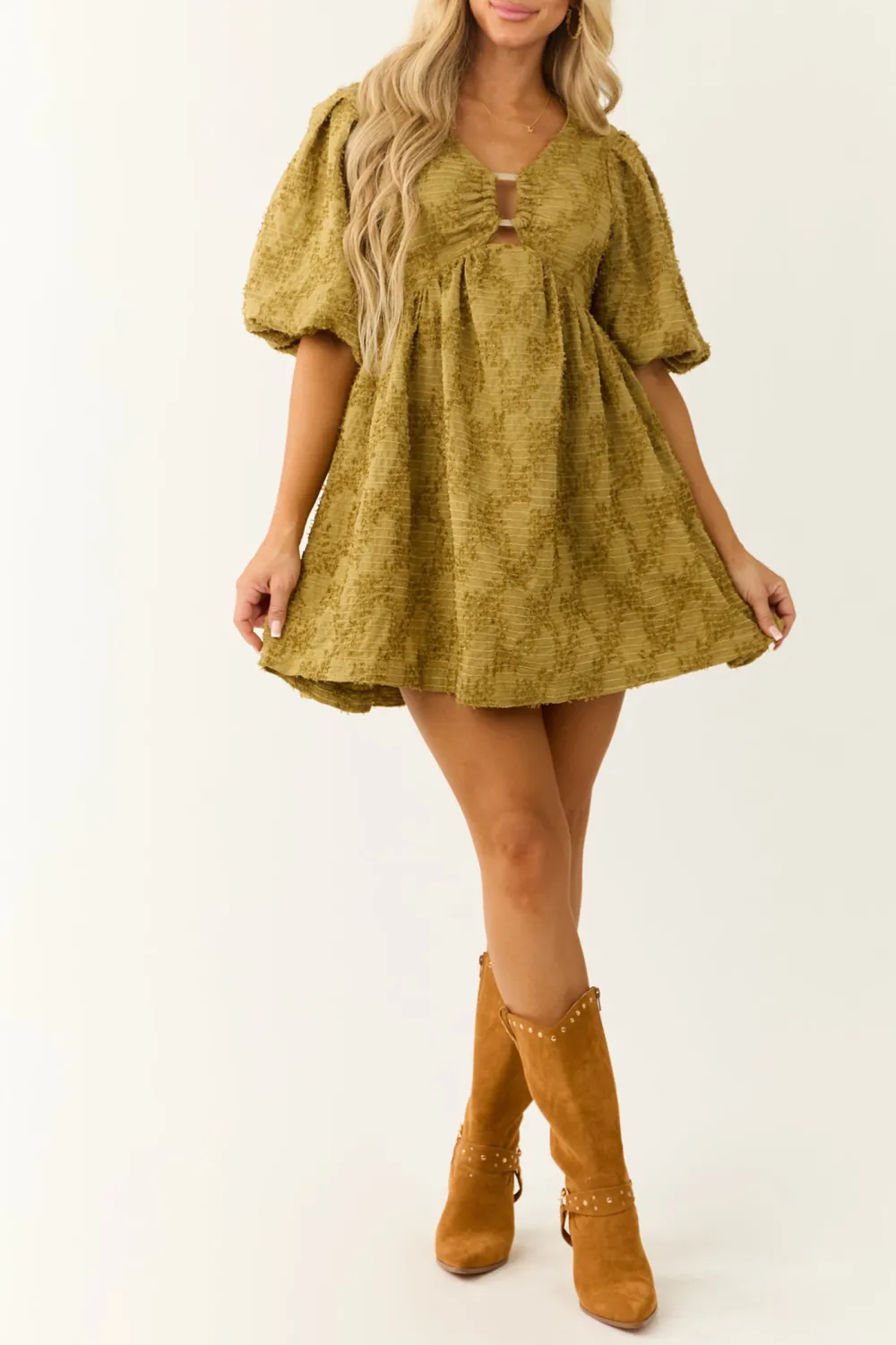 Olive Textured Half Puff Sleeve Mini Dress
