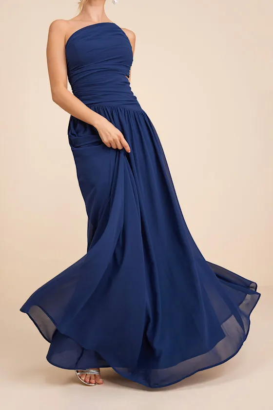 Marcela Navy Blue Ruched One-Shoulder Maxi Dress