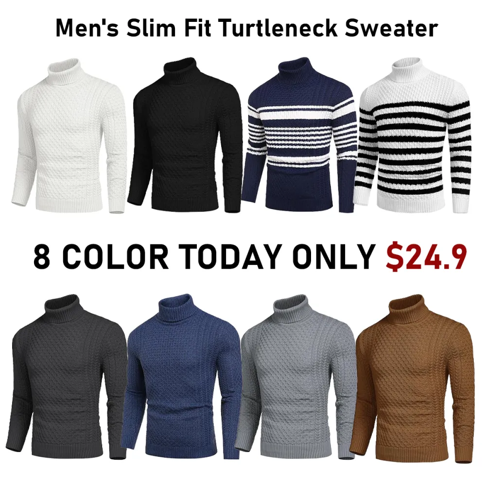 Men's Slim Fit Turtleneck Sweater Casual Knitted Twisted Pullover Solid Sweaters PACKAGE SET