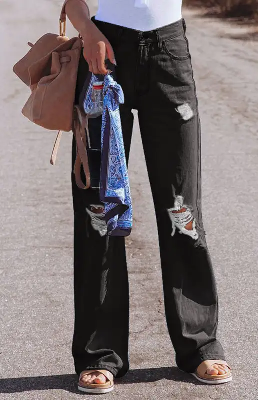 High Waist Wide Leg Ripped Denim Jeans