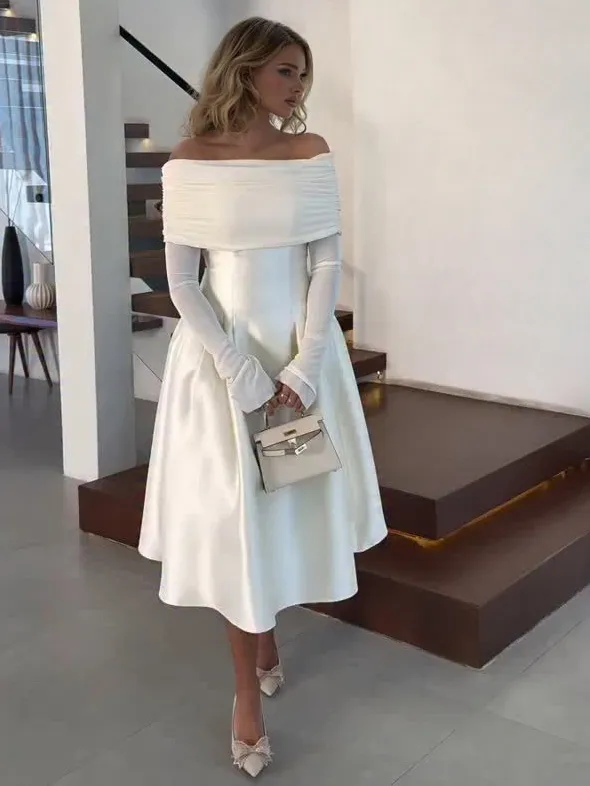 Elegant Off Shoulder Satin Midi Dress
