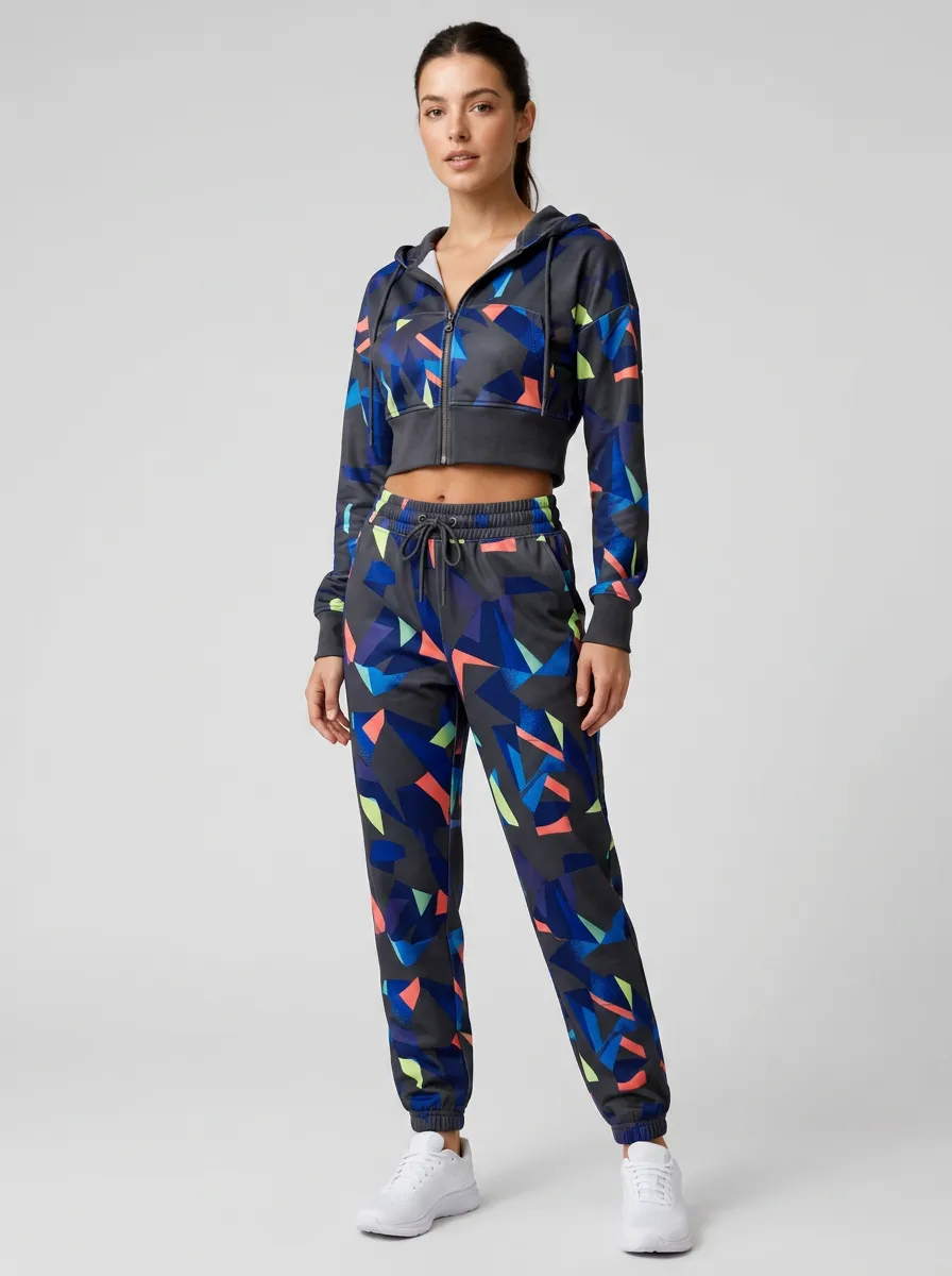 Women's Charcoal Geometric Print Zip-Up Hoodie and Jogger Set