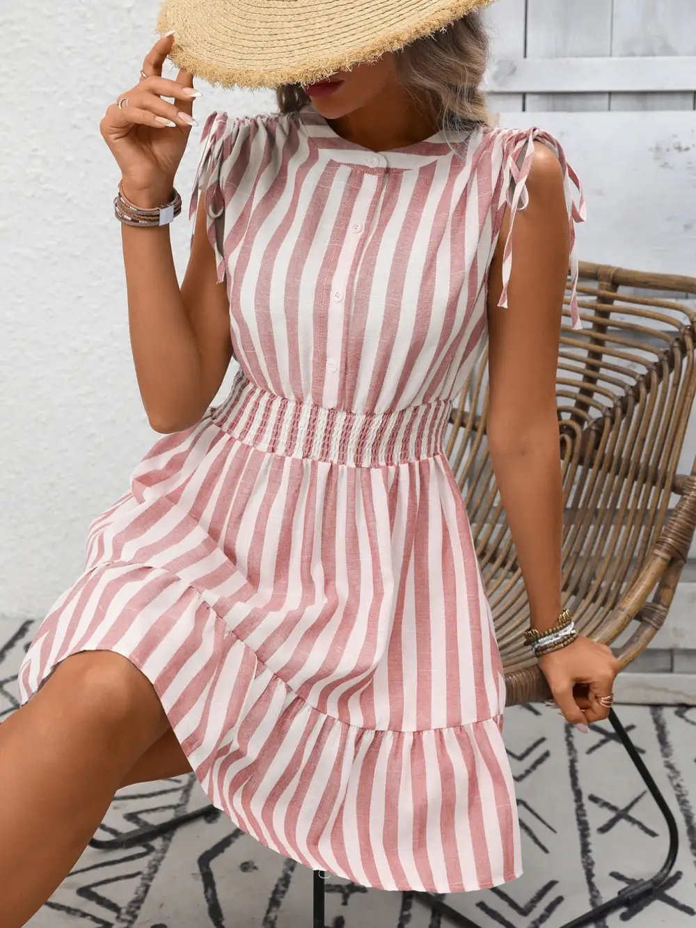 Clean Line Striped Ruffle Dress