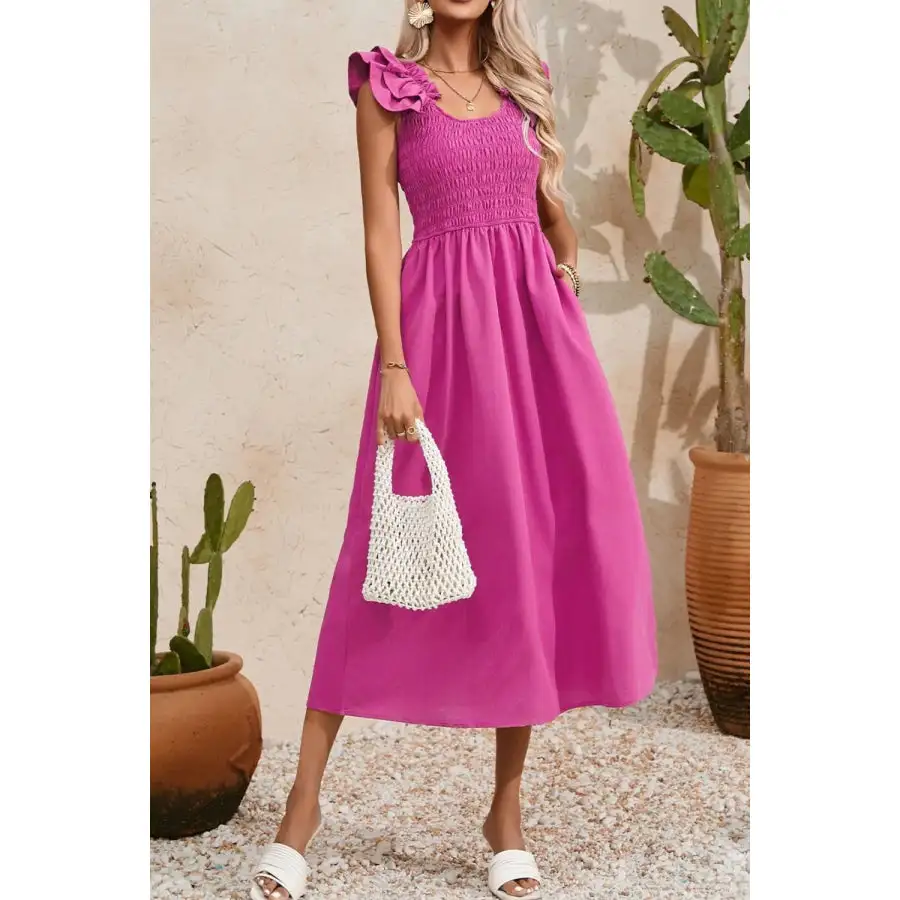 Solid Ruffled Straps Smocked Ruched Maxi Dress