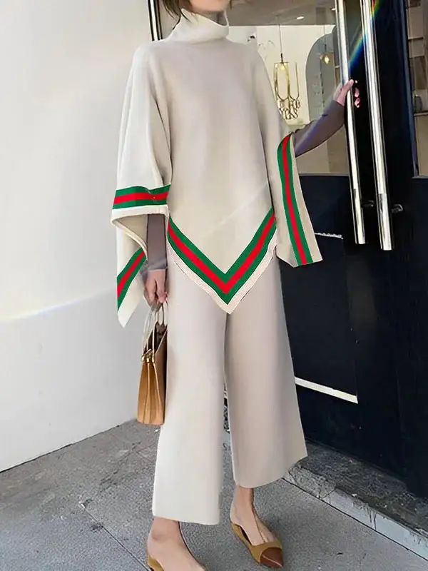 Striped Asymmetric High Neck Relaxed Fit Sweater