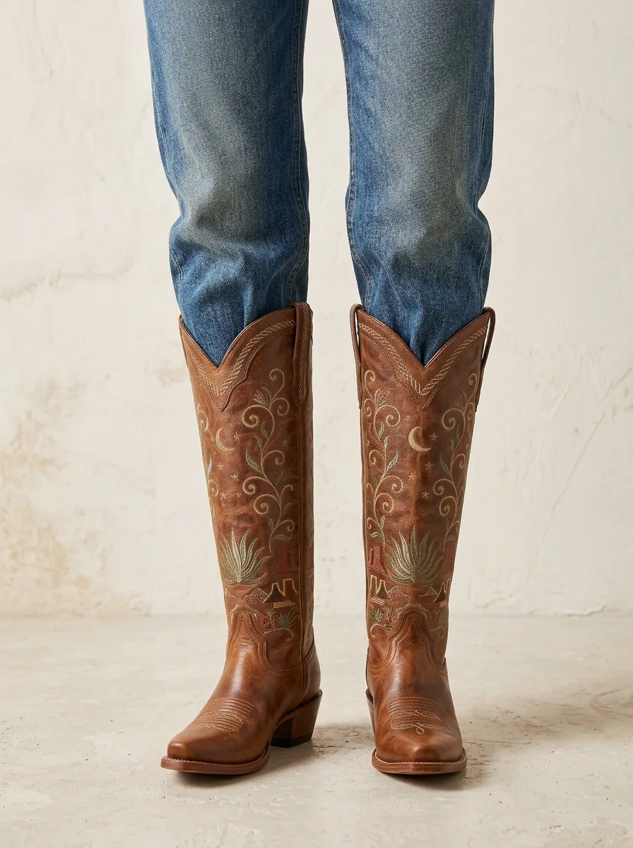 Women's Western Cactus Embroidered Pointed-Toe Denim Over-the-Knee Boots