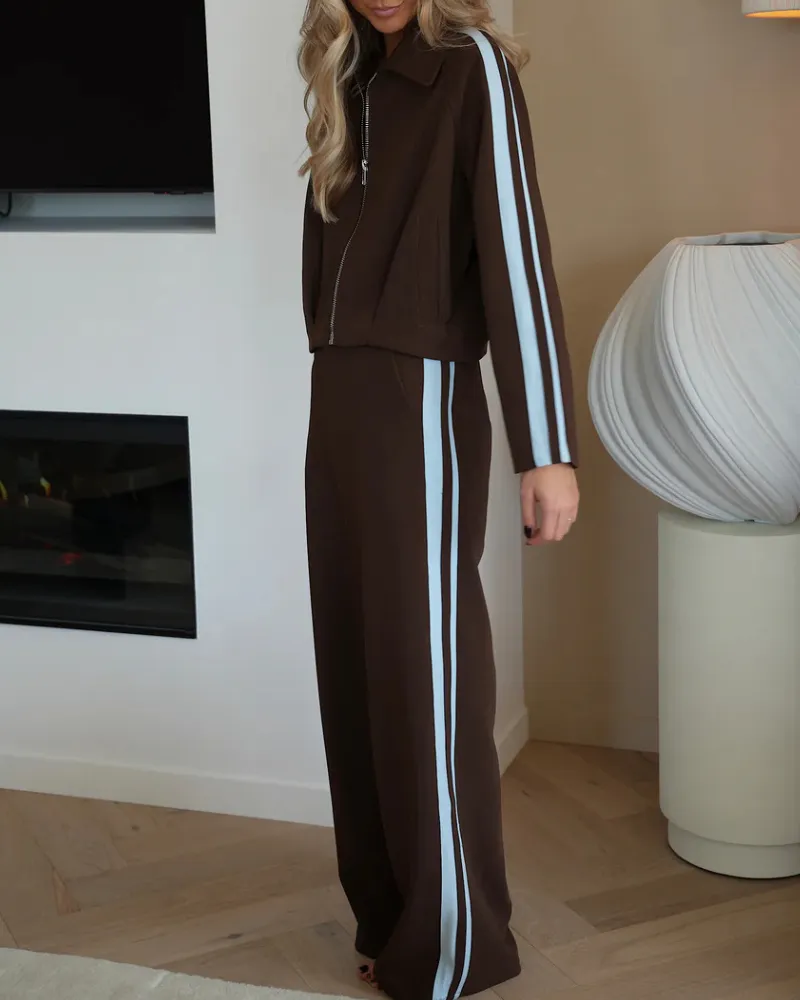 Minimalist Striped Lapel Zip Set