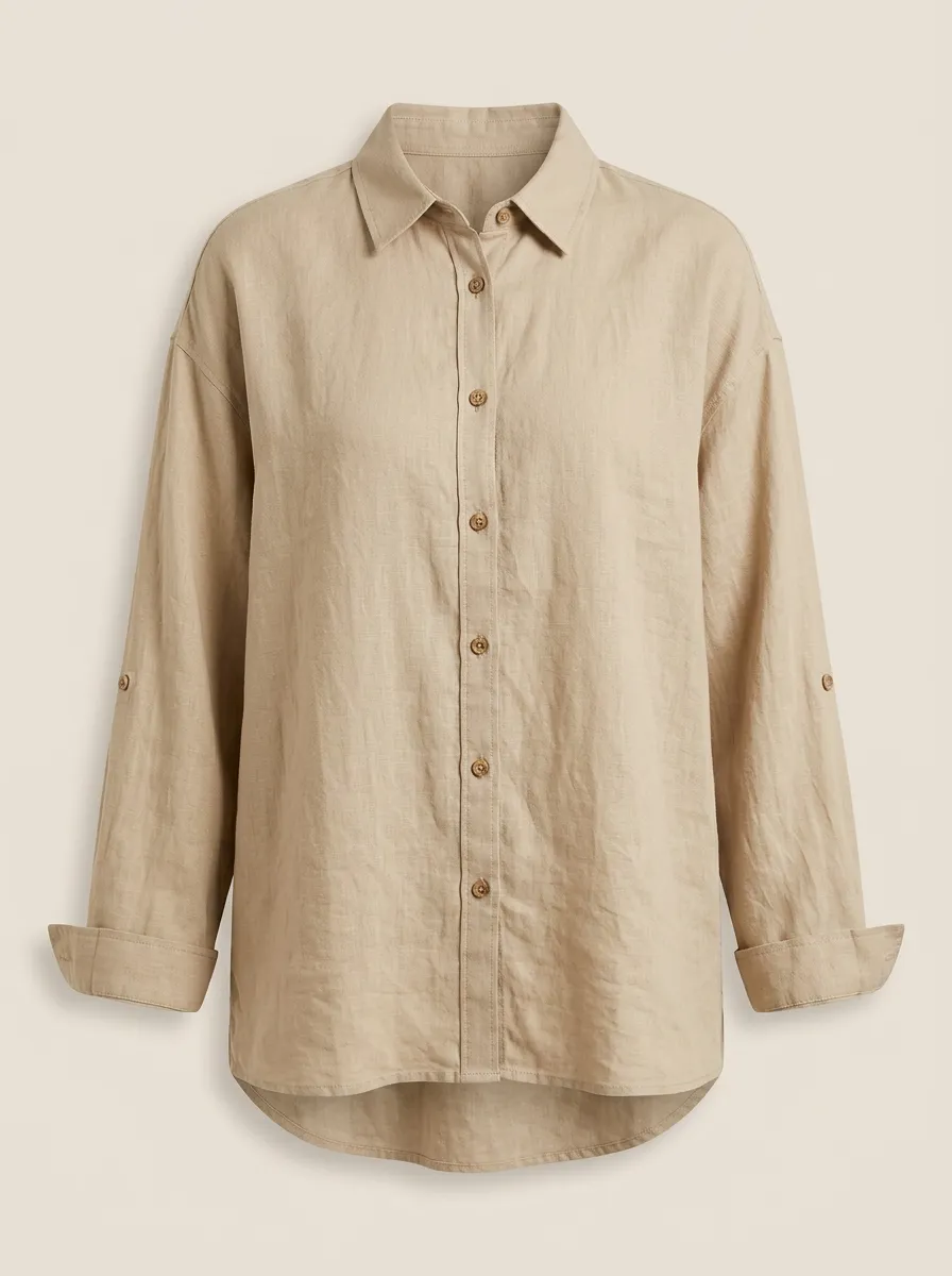 Women's Casual Beige Linen Blend Button Down Shirt