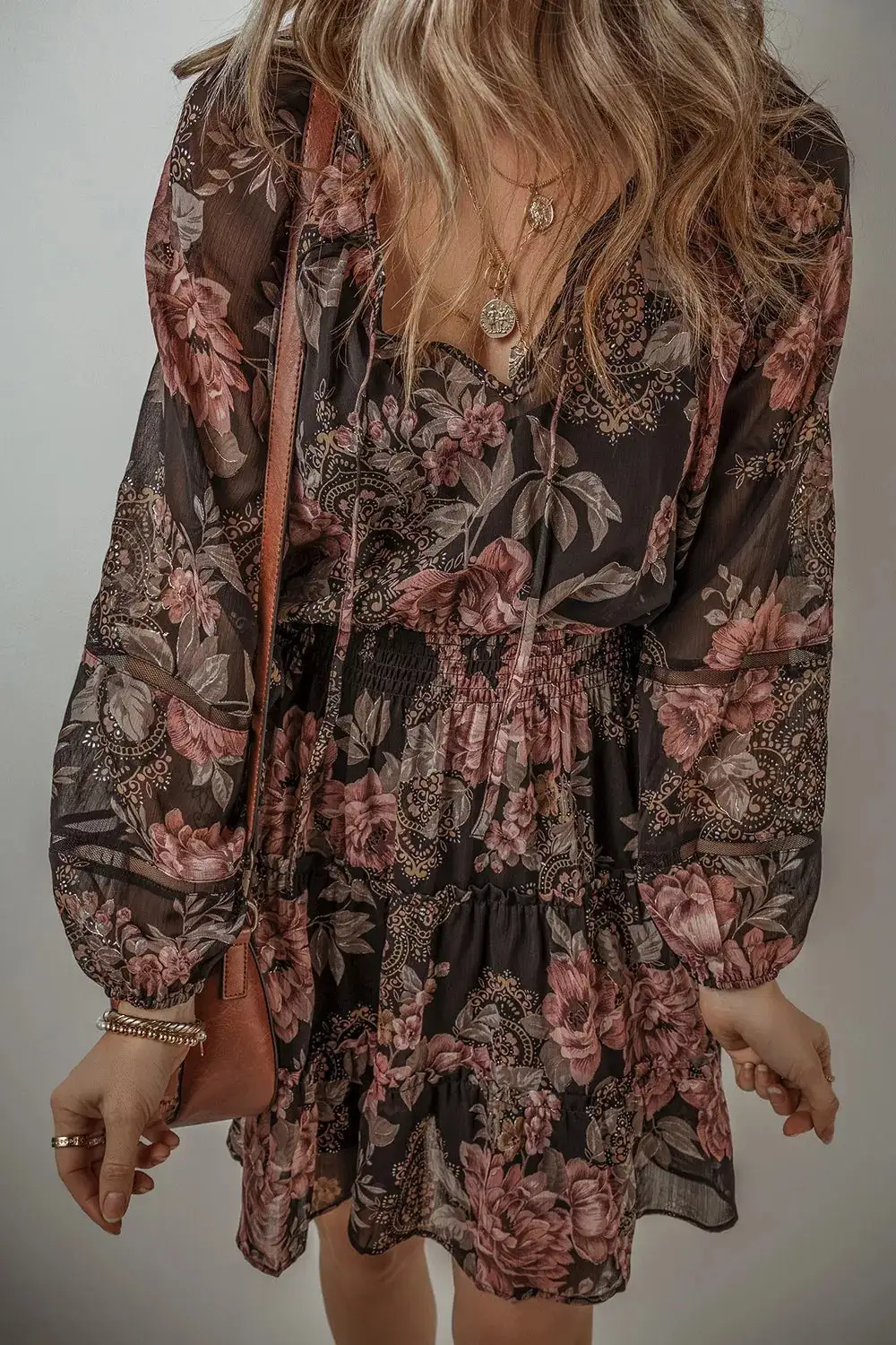 Textured Detail Floral Printed Mini Dress