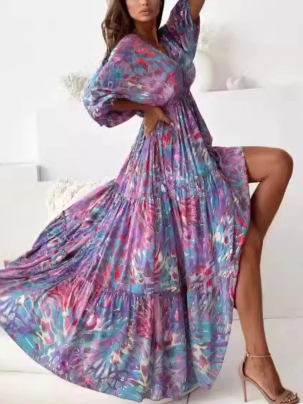 Printed V-Neck Balloon Sleeve Slit Maxi Dress
