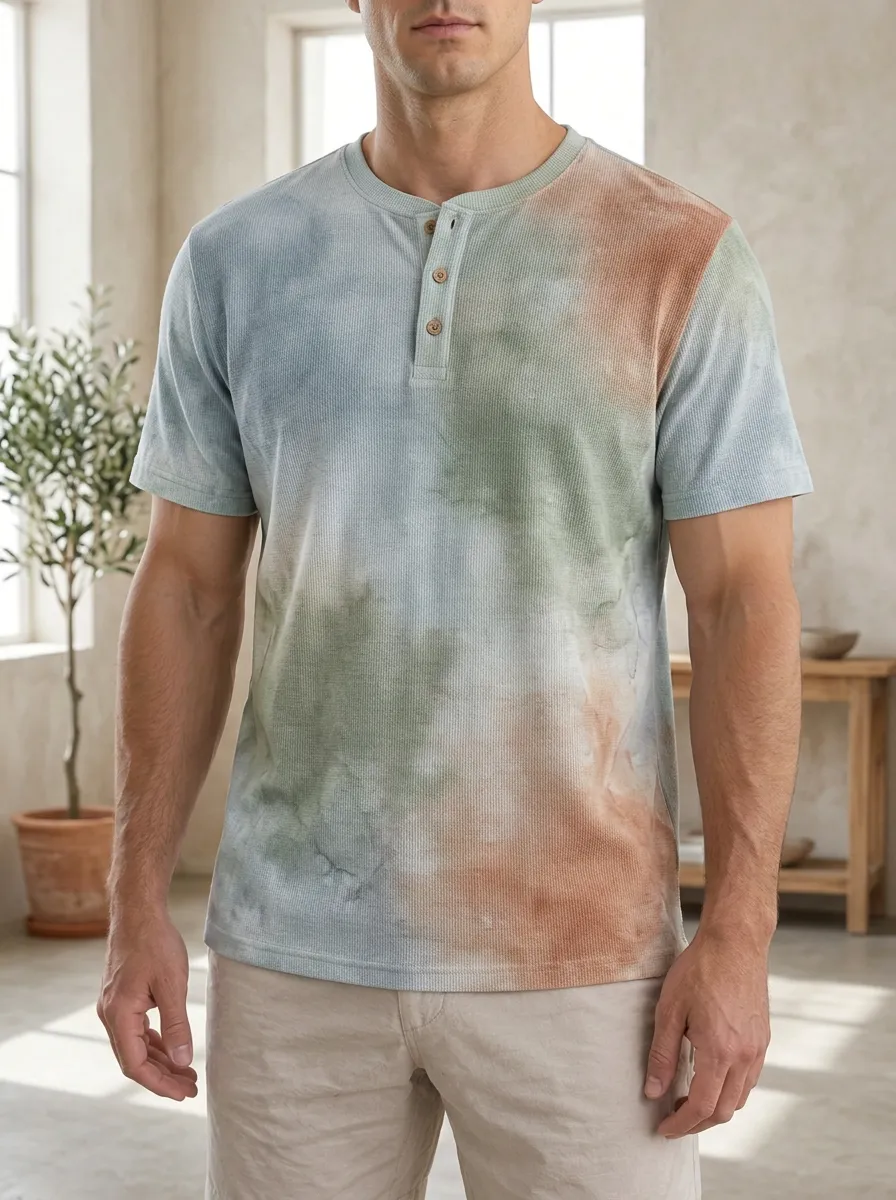 Men's Classic Casual Tie-Dye Waffle Knit Buttoned Henley T-Shirt