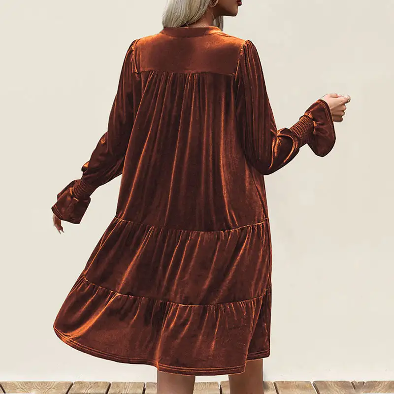 Women's V-Neck Puff-Sleeve Ruffled Dress